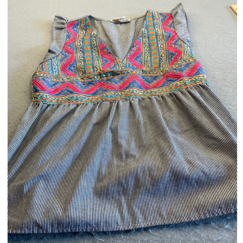 Savanna Jane Boho Embroidered Pinstripe Sleeveless Babydoll Top Size L Bohemian